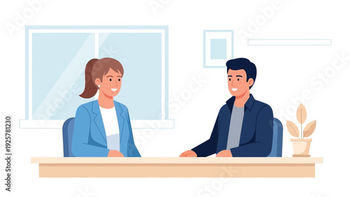 Professional meeting in modern office setting with smiling businesspeople at desk