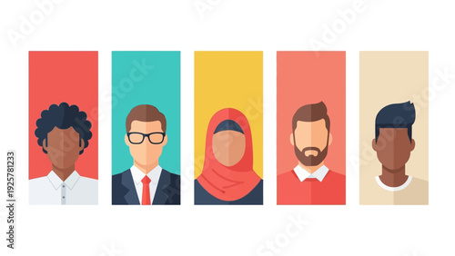 Diverse flat style portraits of five people on colorful backgrounds