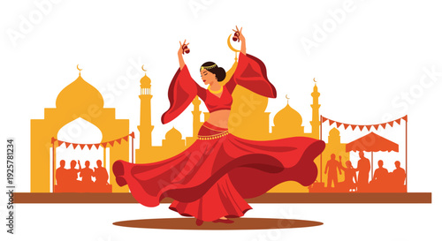 Modern vector illustration of Arabic dancer performing traditional dance with flowing costume representing cultural celebration, rhythm and artistic expression