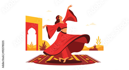 Modern vector illustration of Arabic dancer performing traditional dance with flowing costume representing cultural celebration, rhythm and artistic expression