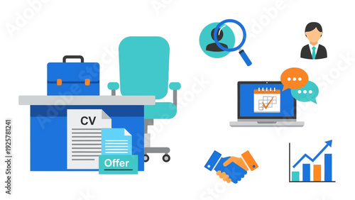 Modern recruitment icons set featuring office and hiring elements