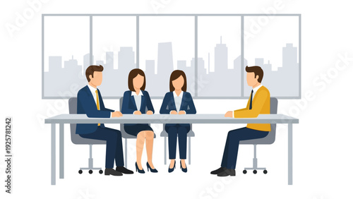 Business meeting in office with team discussing strategy around table