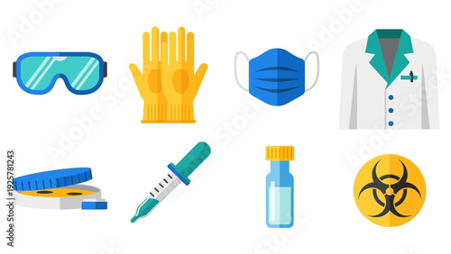 Flat design ppe and laboratory equipment icons for safety and research