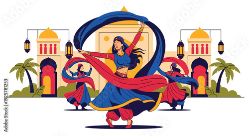 Modern vector illustration of Arabic dancer performing traditional dance with flowing costume representing cultural celebration, rhythm and artistic expression