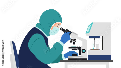 Scientist in protective gear using microscope in laboratory setting
