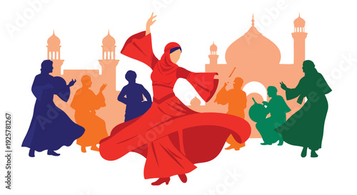 Modern vector illustration of Arabic dancer performing traditional dance with flowing costume representing cultural celebration, rhythm and artistic expression