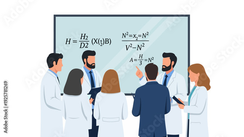 Team of scientists discussing mathematical formulas on a presentation screen