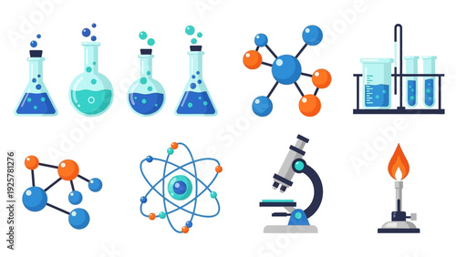 Colorful chemistry and science icons set featuring lab equipment and molecular structures