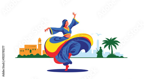 Modern vector illustration of Arabic dancer performing traditional dance with flowing costume representing cultural celebration, rhythm and artistic expression