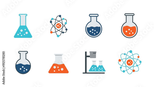 Colorful chemistry icons featuring flasks and atomic structures with flat design