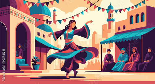 Modern vector illustration of Arabic dancer performing traditional dance with flowing costume representing cultural celebration, rhythm and artistic expression