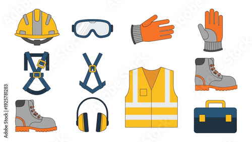 Essential safety equipment icons for construction and industrial work