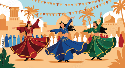 Modern vector illustration of Arabic dancer performing traditional dance with flowing costume representing cultural celebration, rhythm and artistic expression