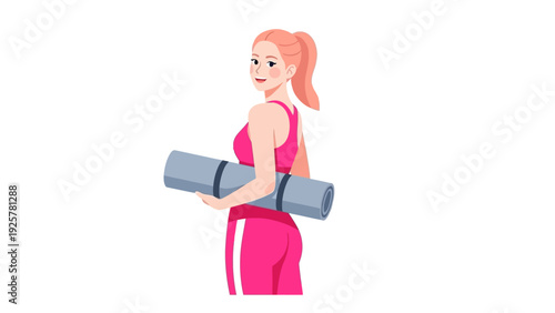 Young woman with yoga mat in activewear smiling backward in cartoon style