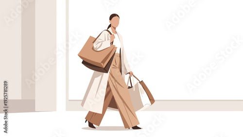 Fashionable shopper in minimalist style with shopping bags and stylish outfit