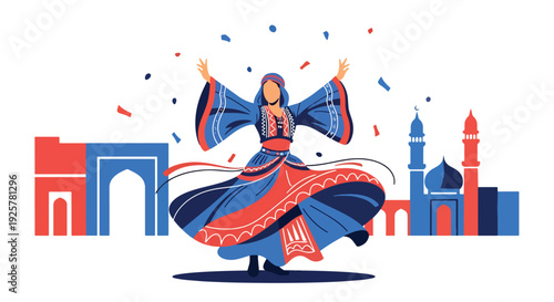Modern vector illustration of Arabic dancer performing traditional dance with flowing costume representing cultural celebration, rhythm and artistic expression