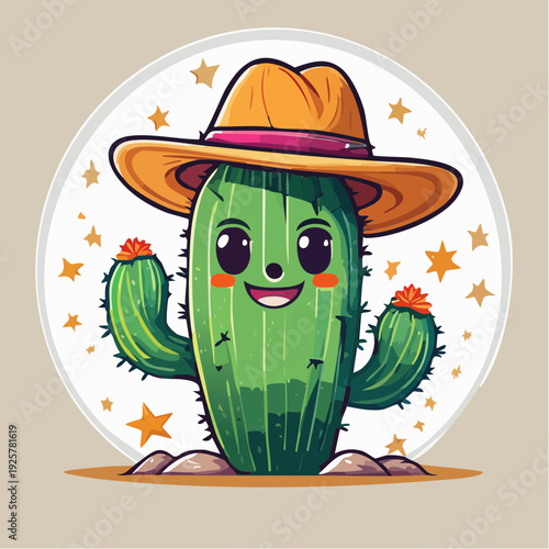 Cactus Character Wearing Cowboy Hat Smiling.