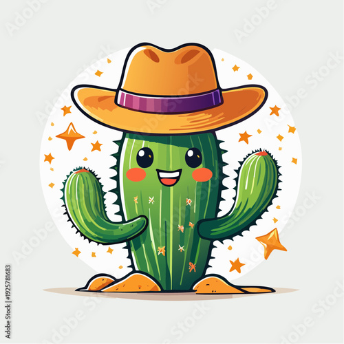 Cartoon Cactus Character Wearing Cowboy Hat.