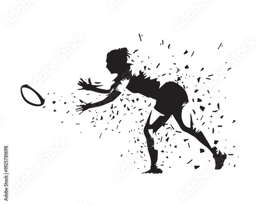 Rugby player passing ball, woman playing rugby. Abstract isolated vector silhouette. Ink drawing