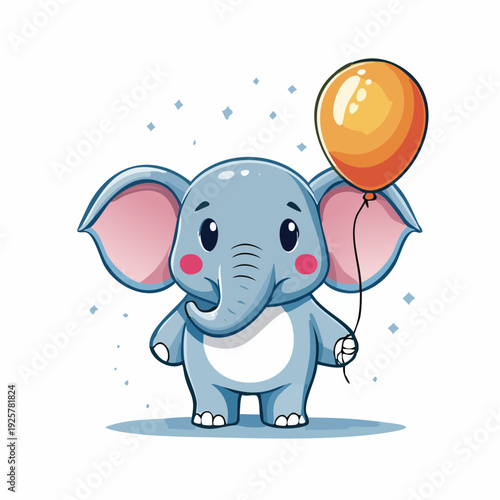 Cartoon Elephant Holding Orange Balloon.