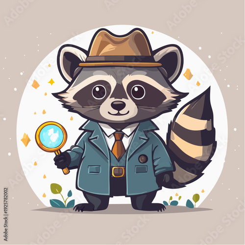 Cartoon Raccoon Detective with Magnifying Glass.