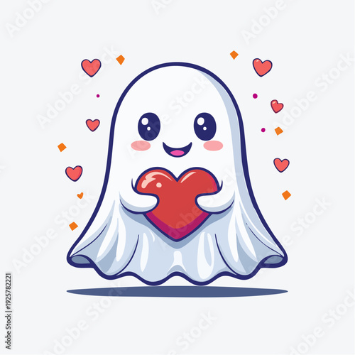 Cute Cartoon Ghost Holding Red Heart.