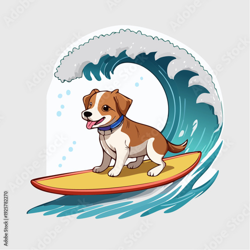 Dog Riding Surfboard on Ocean Wave.