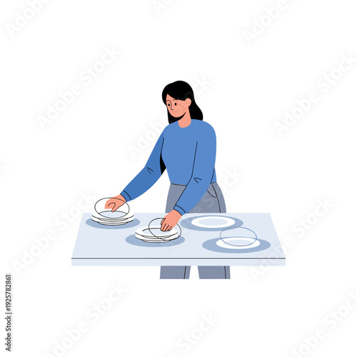 Asian female adult arranging plates on table in blue top