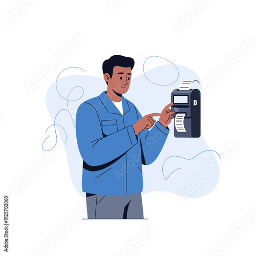 Young asian male using payment terminal for receipt printing