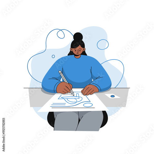 Young african female artist drawing at desk with pen and paper in blue attire