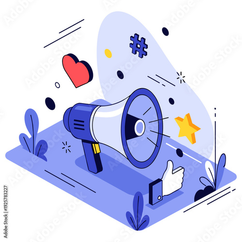 Vibrant social media illustration with megaphone, hashtag, heart, and thumbs up