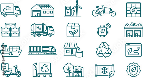 Essential vector icons illustrating various aspects of sustainable logistics, eco-friendly transport, and green technology.