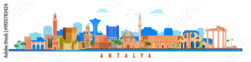 Antalya city skyline panoramic white background vector illustration travel and tourism concept, Turkey