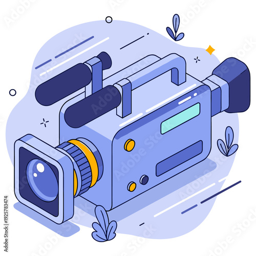 Cartoon vintage camcorder with modern tech features in pastel colors