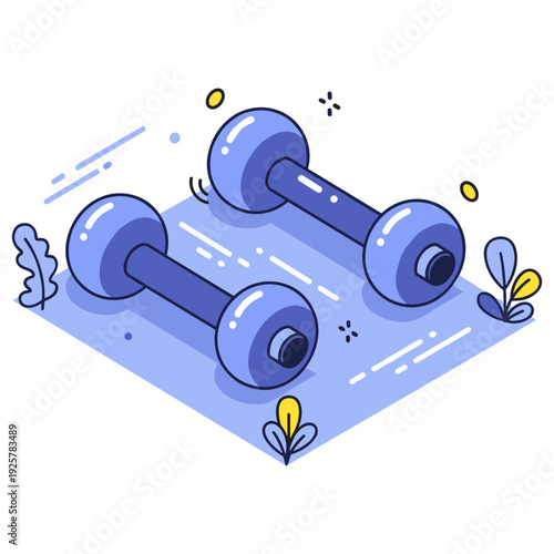 Isometric dumbbells illustration with floral accents on white background