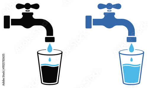 Drinking water icon, faucet tap with glass of water, vector symbol representing clean water, mineral water, hydration, and water safety for apps, websites, and environmental or health projects.
