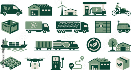 Collection of green logistics icons representing sustainable transportation, eco-friendly delivery, and renewable energy solutions.