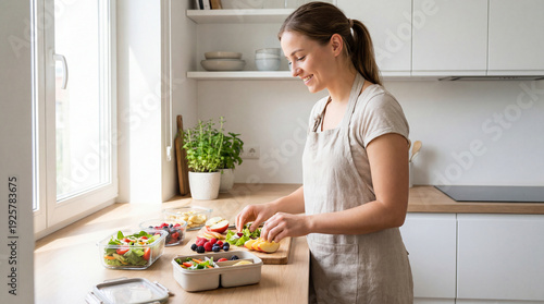 Woman prepares salad in bright kitchen. Fresh salad meal prep with fruit, salad lunch boxes for newyear fitness goals, clean eating routine, home cooking concept, daylight mood, spring detox theme