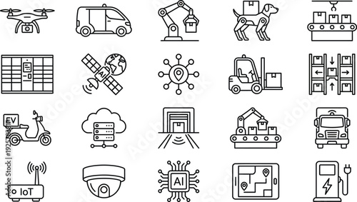 Modern logistics and automation technology line icons illustrating smart delivery and warehouse management systems.