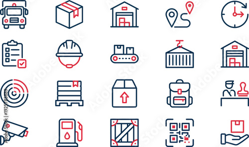 Logistics and supply chain management icon set illustrating global transportation and warehouse operations
