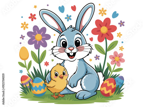 Cheerful Easter bunny hugs little chick in a.