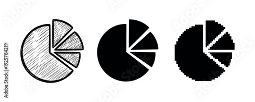 Set of three diverse pie chart designs in sketch, silhouette, and pixel styles