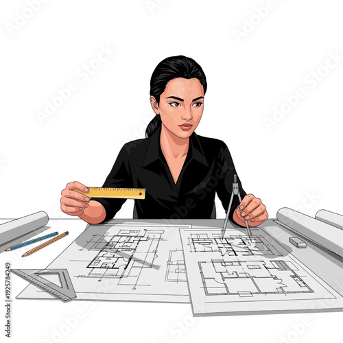 An architect sketching plans, meticulously working on a blueprint with focus and precision. The scene captures the essence of design and innovation