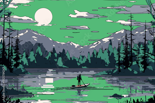 Serene Paddleboarder on Alpine Mountain Lake