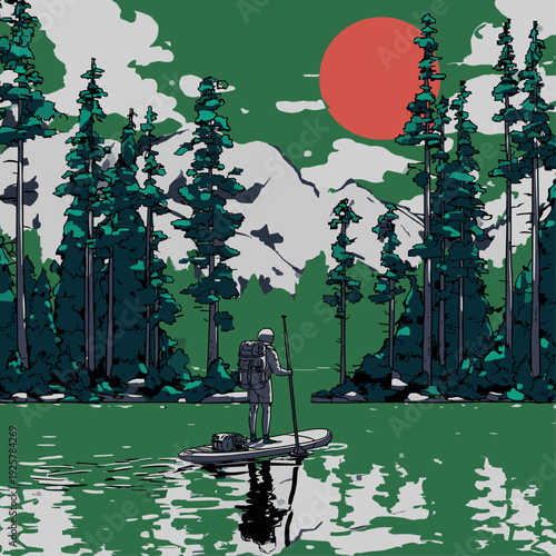 Serene Paddleboarder on Alpine Mountain Lake