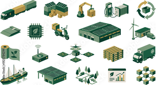 Collection of isometric icons representing sustainable logistics supply chain technology and green energy infrastructure elements