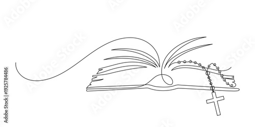Holy Bible. Open book with rosary. Continuous line drawing. Christianity religion concept.