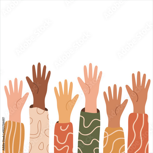 Diverse Group of Volunteers Raising Hands Isolated Vector Illustration on White Background