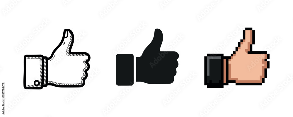 Obraz premium Three thumbs up icons: sketch, solid, pixelated styles on white