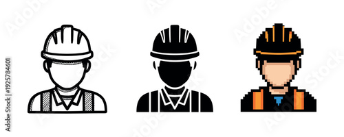 Three styles of construction worker icons: sketch, silhouette, pixel art